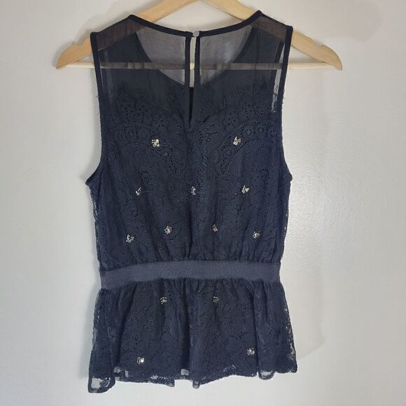 Anthropologie Meadow Rue Black Lace Sequined Sheer Collar Sleeveless Peplum Top - Picture 4 of 11